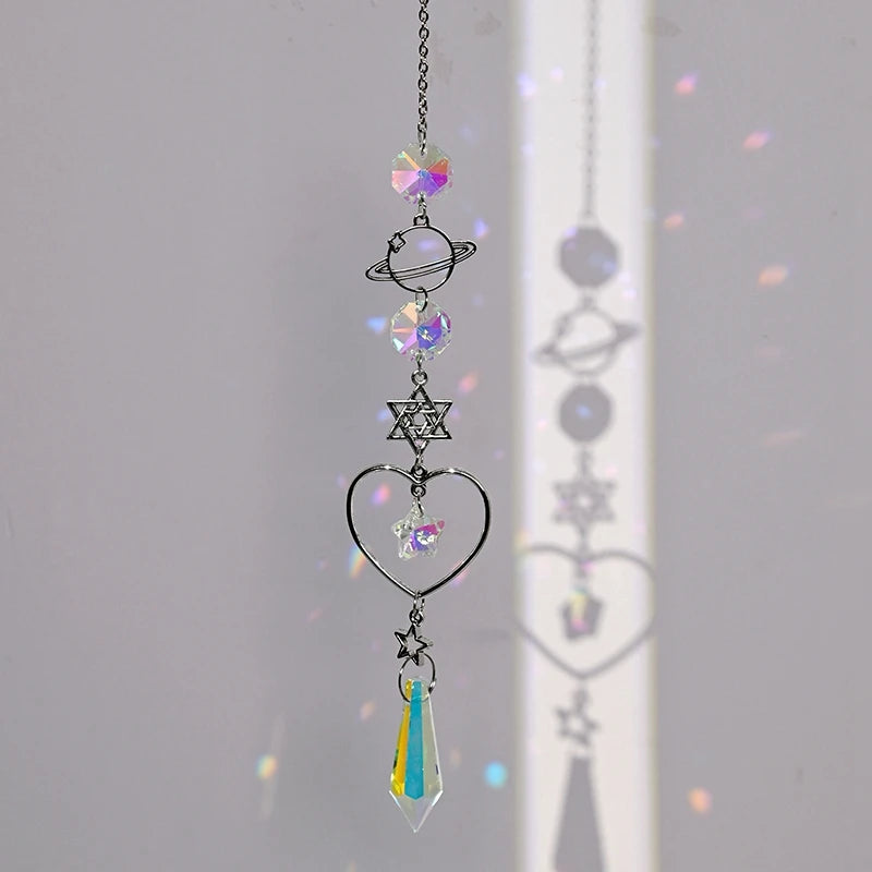 pendentif boho cristal multicolore soleil lune étoiles cosmique or argent