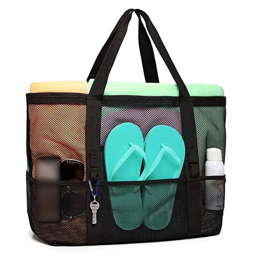 Sac plage violet noir bleu clair vert rose maille respirante réutilisable moderne poignées