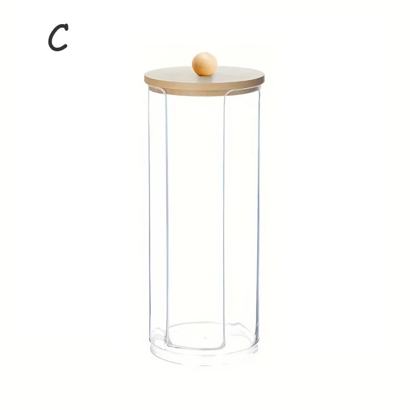 pot coton tige transparent moderne boite rangement couvercle bois respectueux environnement minimaliste organiser