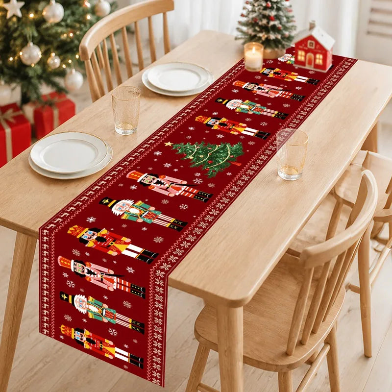 table noël chemin table noël soldats sapins flocons cerfs rouge blanc vert or polyester