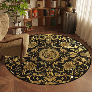 tapis rond flanelle motifs floraux abstraits noir or beige clair vert moderne baroque