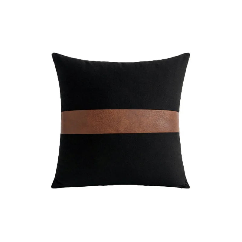 housse coussin carré moderne blanc bande marron rayures noir blanche fixations invisibles polyester coton