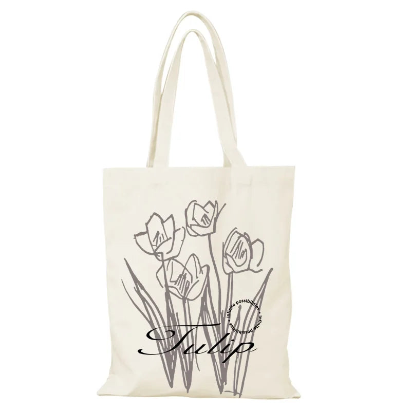 sac tissu tote bag graphique floral tulipes plumes abstrait pochette intérieure poignées tissu opaque