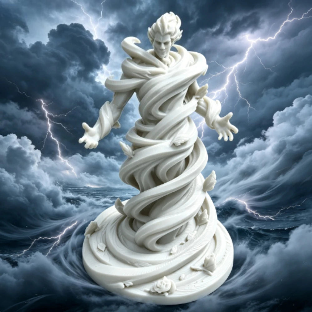 statue spirale vent fantôme noir blanc argenté artisanal main sculpté détails floraux base fantaisie