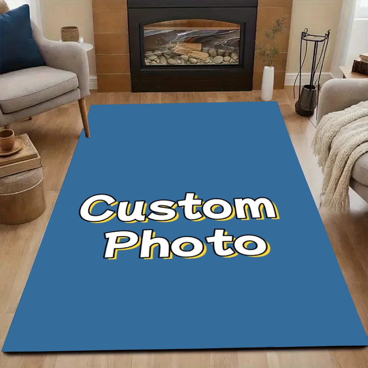 tapis photo personnalisable moderne bleu lettres blanches contour jaune salon rectangle