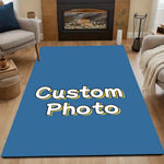 tapis photo personnalisable moderne bleu lettres blanches contour jaune salon rectangle