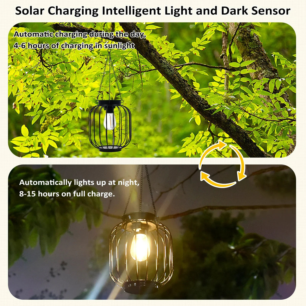 lanterne solaire vintage cage métallique noire ampoule led panneau solaireextérieur autoinstallation modes lumière jardin