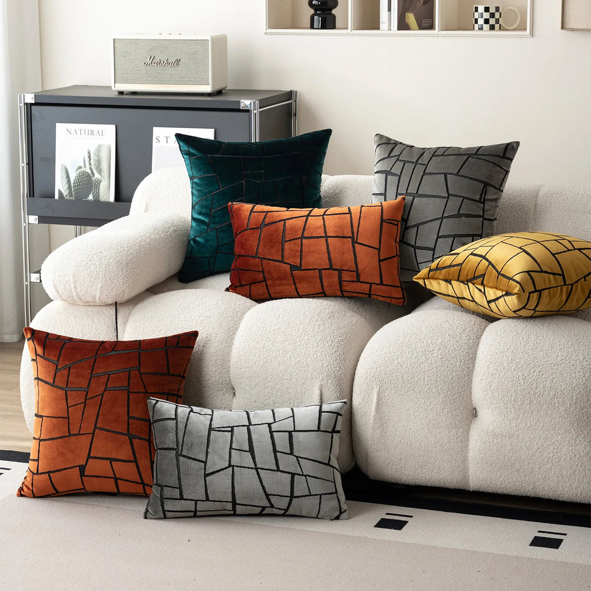 coussins décoratifs géométriques modernes polyester opaques vert foncé gris orange jaune fixés