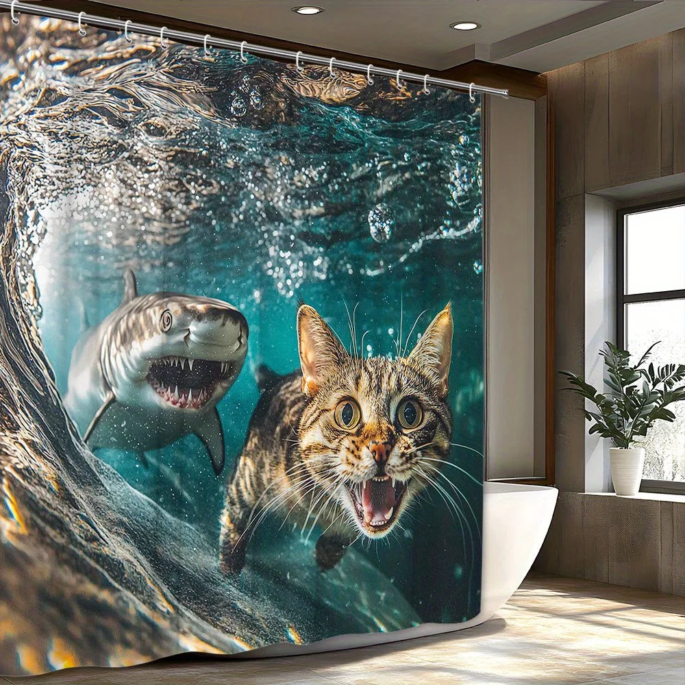 rideau douche moderne humoristique motif requin chat vague polyester opaque ensembles tailles variées
