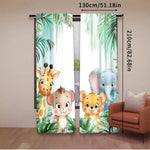 rideau animaux jungle girafe éléphant singe lion vert bleu beige orange gris illustration moderne