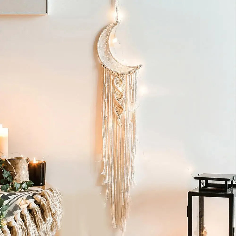 décoration murale macramé bohème tresses noeuds franges cœur lune étoile