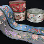 rubans décoratifs brodés fleurs feuilles oiseaux polyester large rouge bleu orange jaune marron gris