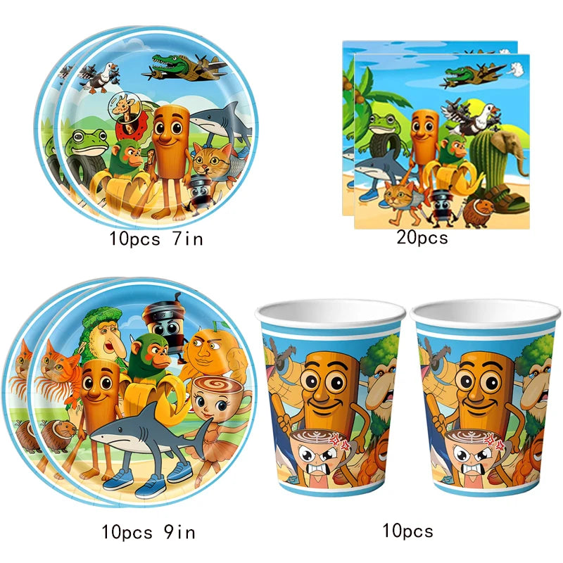 ensemble vaisselle jetable carton enfant motif requin plage dessin animé fête anniversaire bleu orange