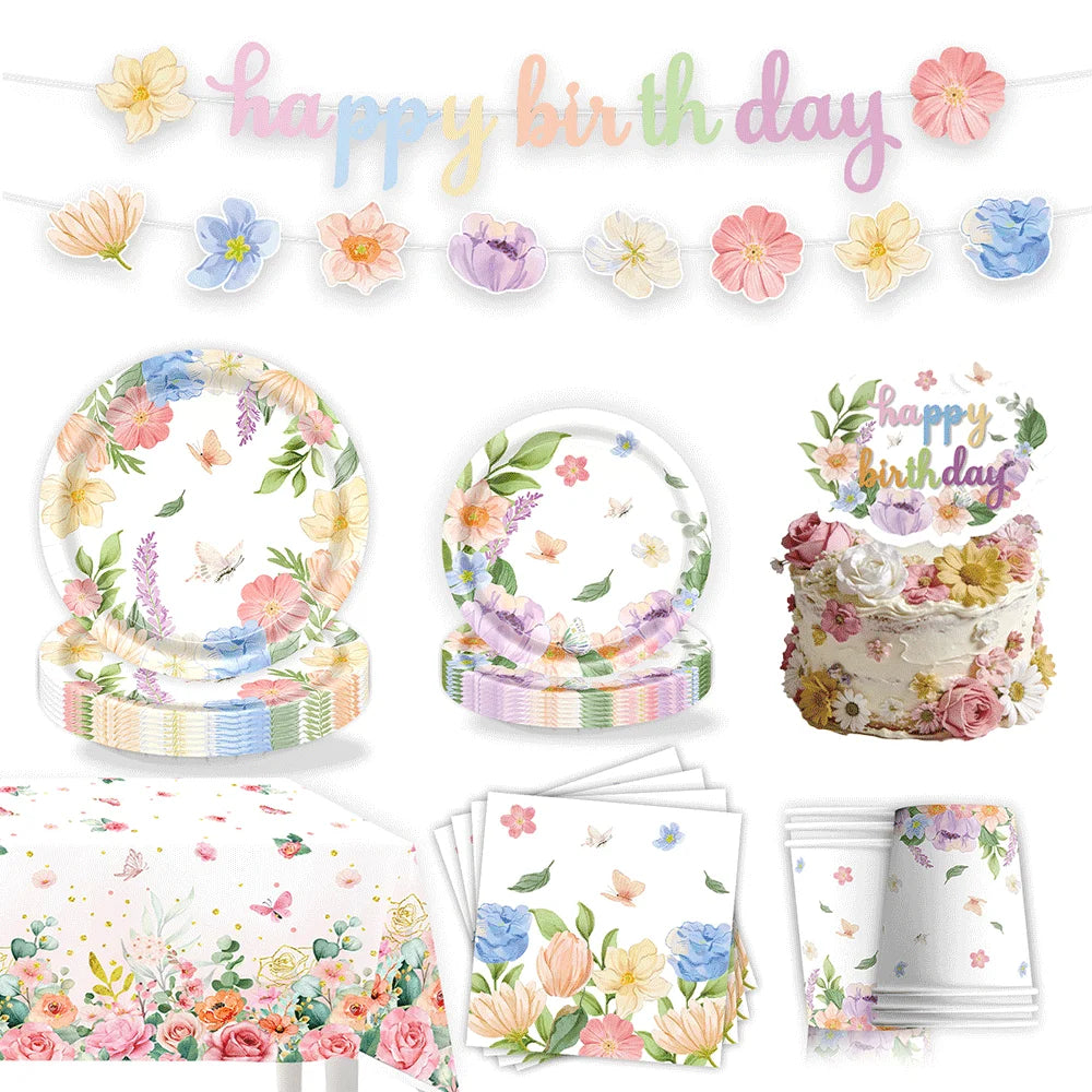 décoration fête anniversaire enfants guirlande happy birthday assiettes serviettes gâteau tasses bonbons floral papillons