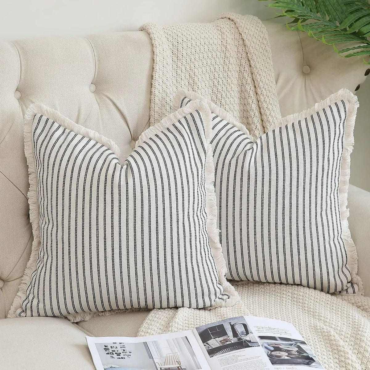 coussin rayé beige noir rustique salon lit decoration maison 45x45cm polyester coton