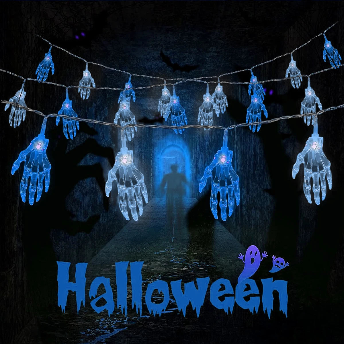 guirlande lumineuse halloween bleu vert multicolore main squelette extérieure auto batterie piles