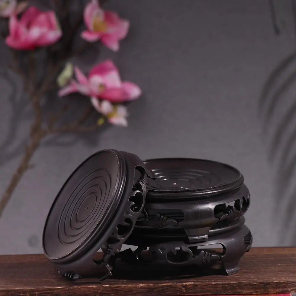 support objet rond noir ornements sculptés classique hauteur 8.2cm 9.6cm 11.6cm