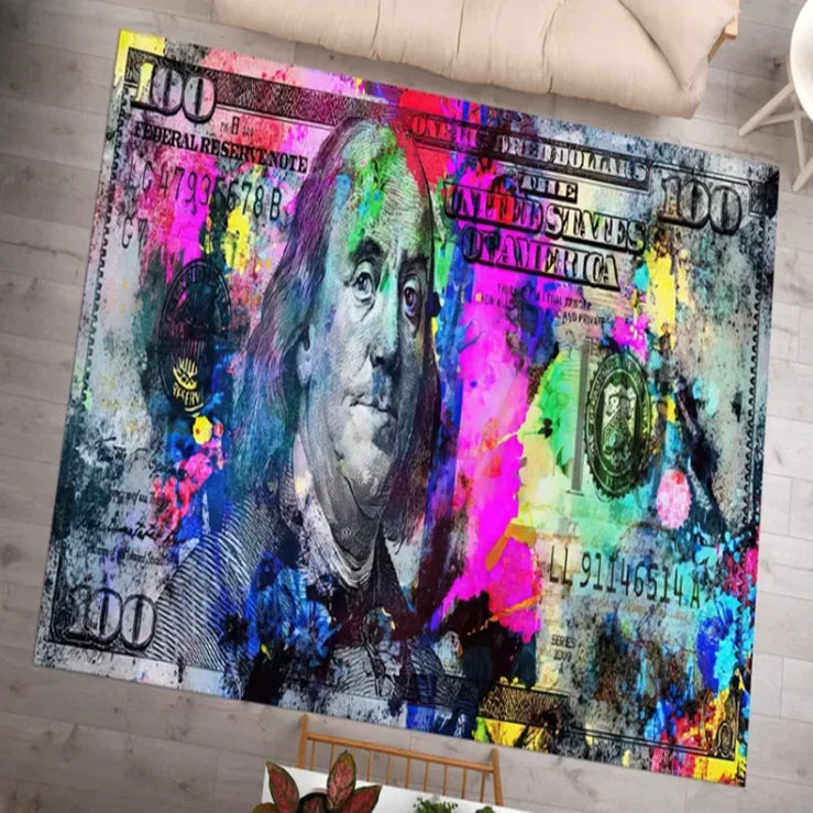 tapis sol moderne motif billets cent dollars américains noir blanc doré