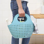 panier rangement moderne bleu clair perforé croix dorées poignée circulaire 26x18x13cm