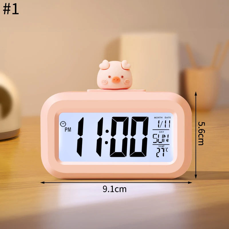 réveil horloge numérique led rose clair indicateur date température cochon figurine minimaliste