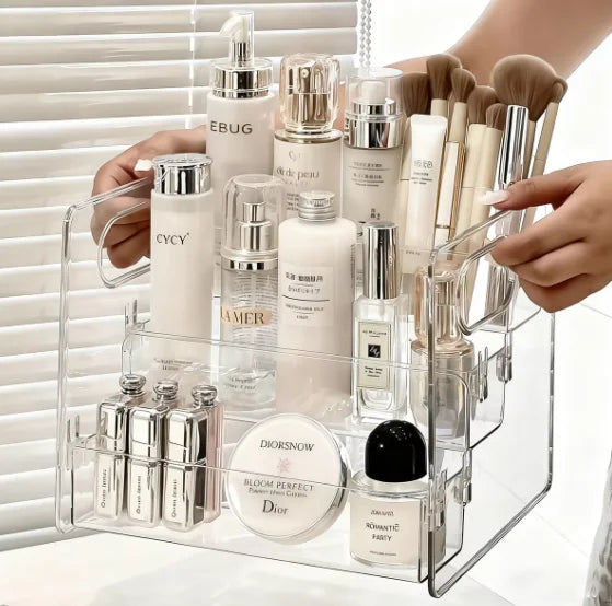 organisateur maquillage transparent moderne rangement crèmes parfums pinceaux brosse palette beauté élégant pratique réutilisable