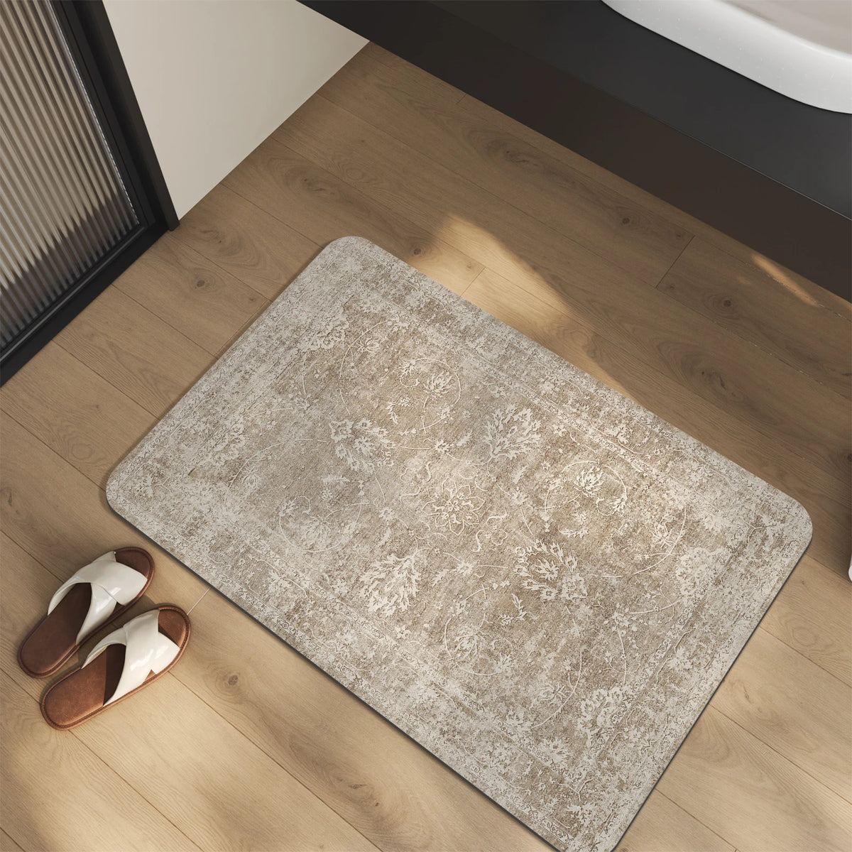 tapis bain antidérapant caoutchouc moderne minimaliste gris clair beige texture grunge effet usé adhésif