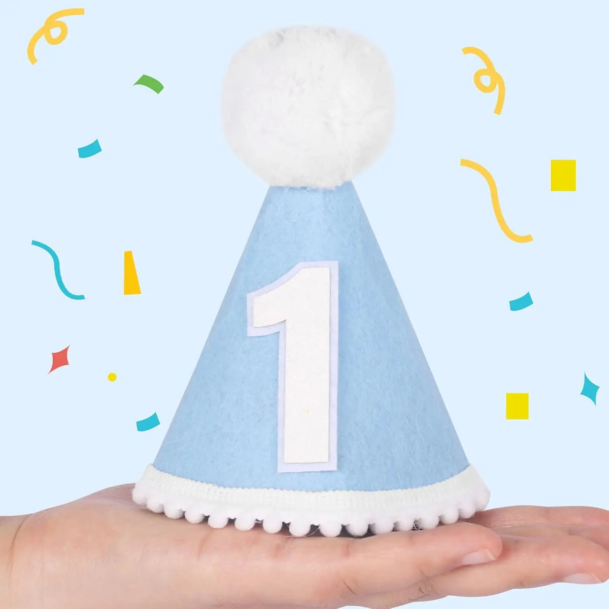 chapeau fête conique bleu clair numéro blanc pompons élastique anniversaire enfant