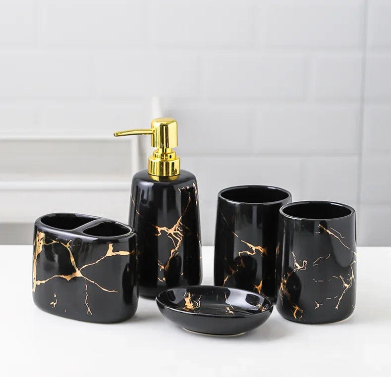 ensemble vaisselle salle bain moderne blanc noir vert foncé marbre doré
