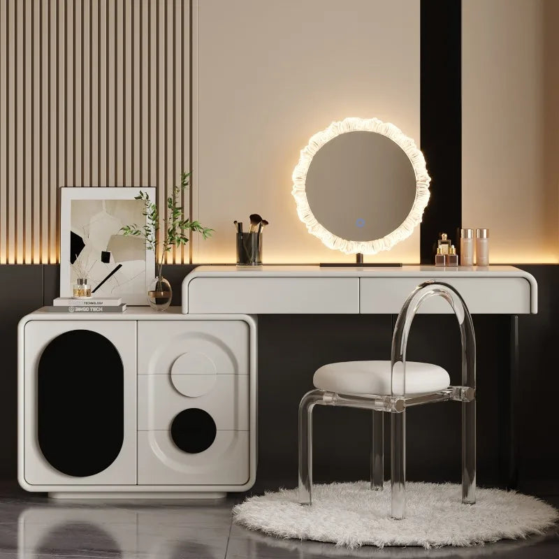 meuble maquillage blanc moderne plateau tabouret vase bouteilles parfum écologique bois.storage minimaliste