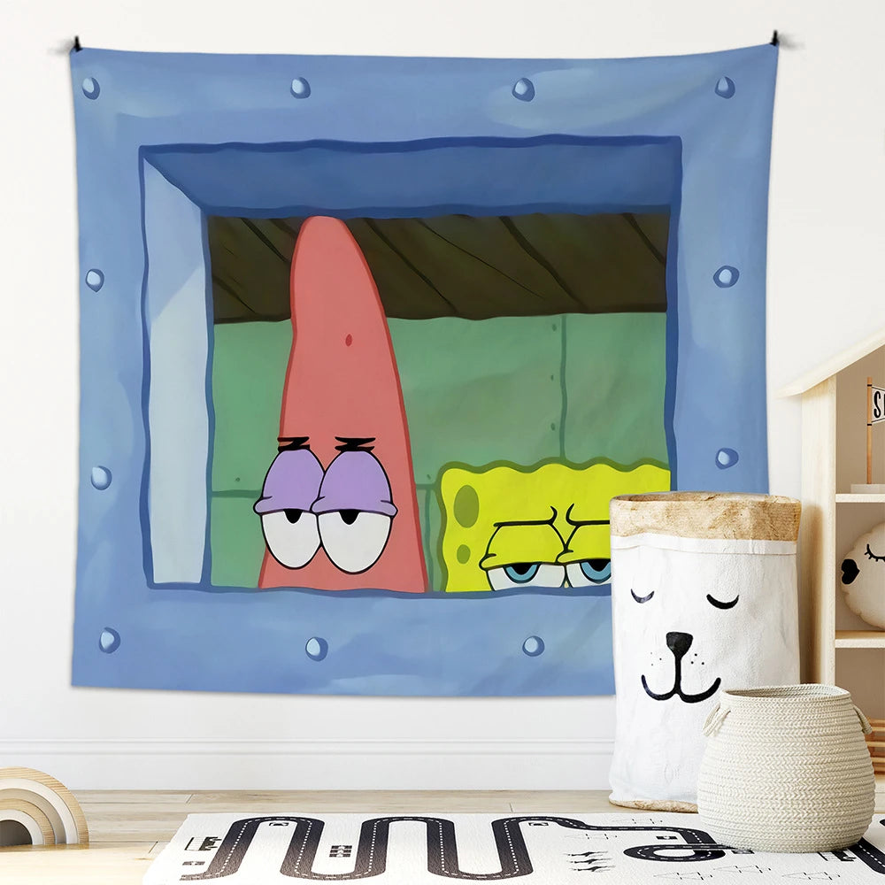 tapisserie bob l'éponge personnages dessin animé bleu vert rose clips decoratif chambre enfant