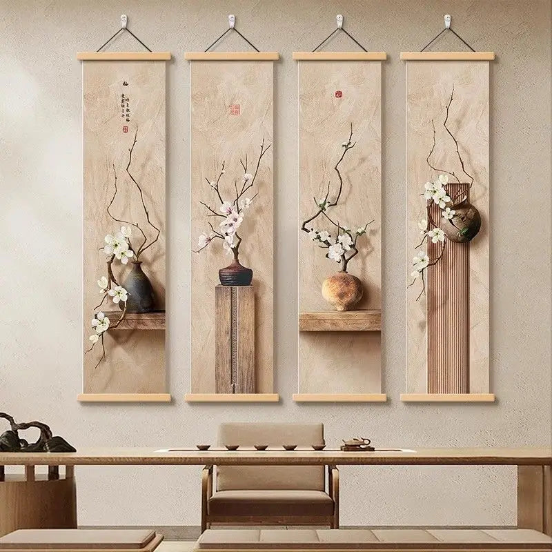 tableaux suspendus moderne minimaliste beige noir branches fleuries texture marbrée support bois chambre salon
