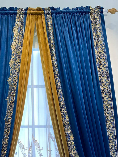 rideau velours bleu foncé broderie dorée classique épais occultant salon chambre fenêtre maison