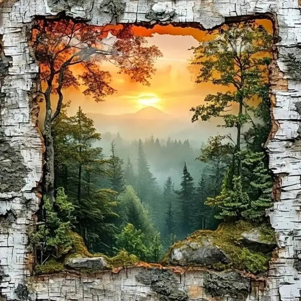 tableau diamant paysage forestier multicolore coucher soleil art contemporain diamants cadre noir