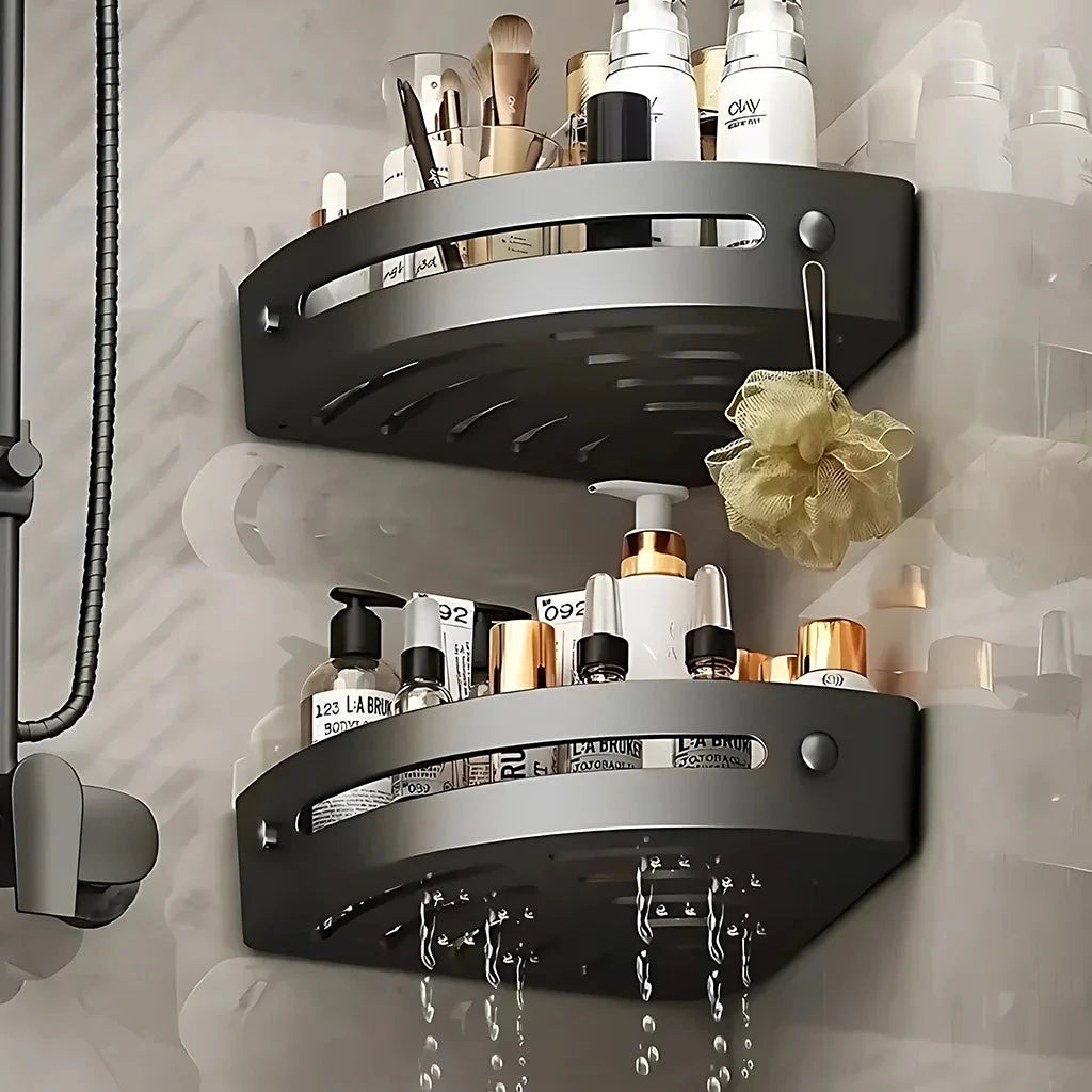 étagère salle bain noir moderne imperméable plastique vis fixation organisateur rangement douche