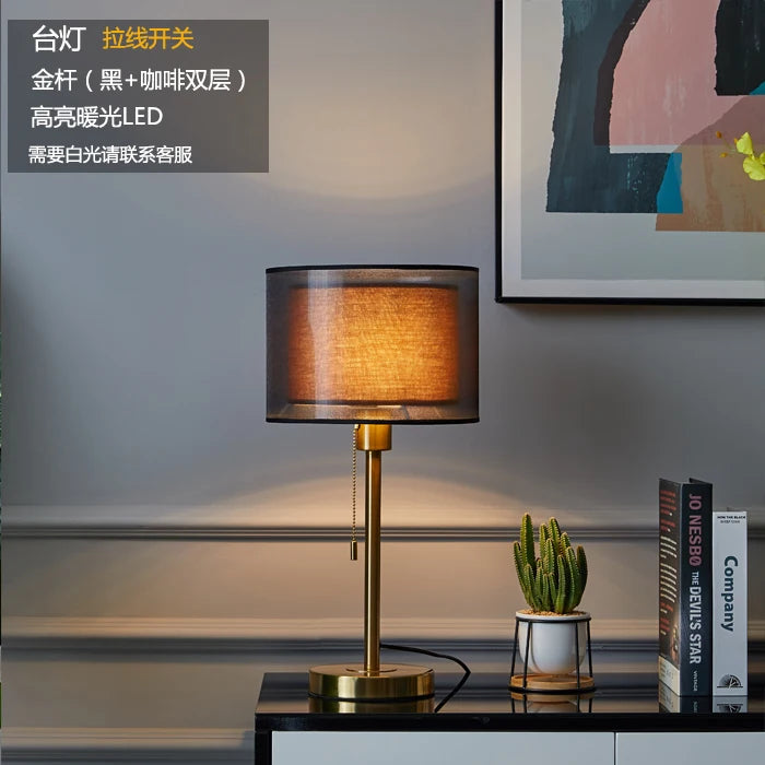 lampe table moderne noir doré tissu abat jour interrupteur led salon chambre