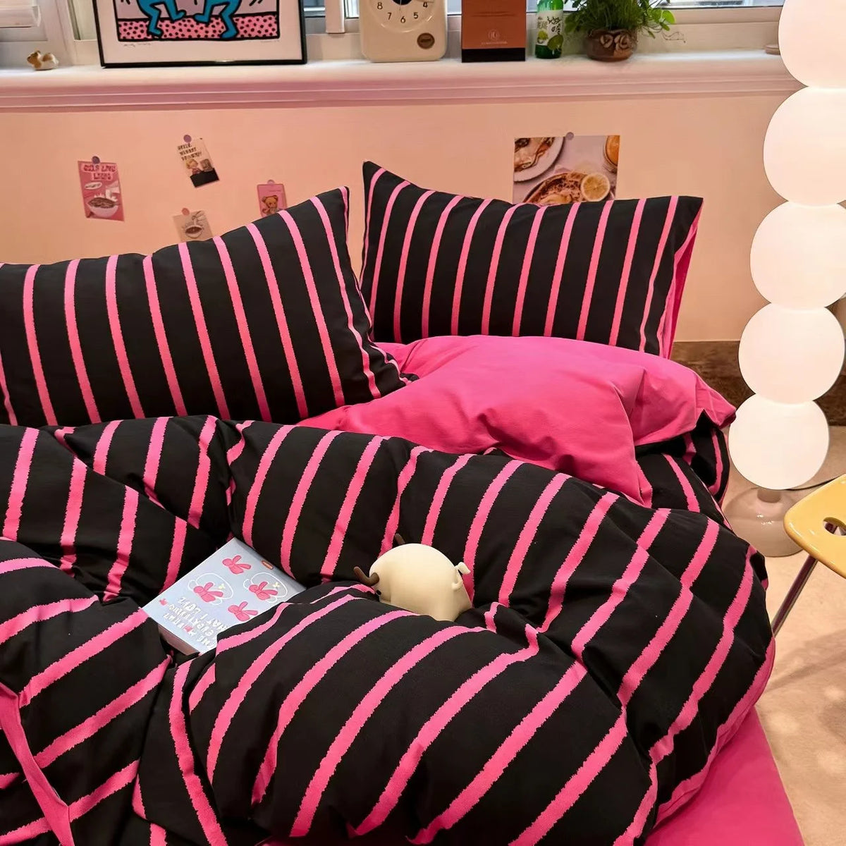 housse couette rayée rose vif noir pièces lit moderne 100 polyester doux