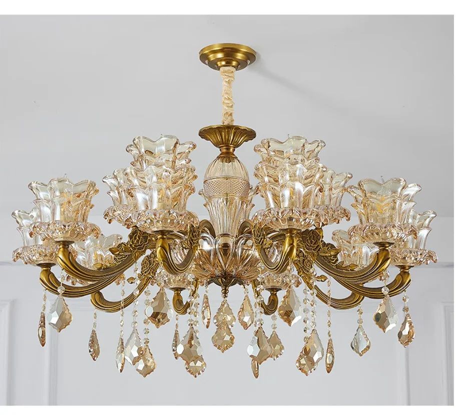 lustre classique doré transparent fleurs cristal ampoules led pendentif salon