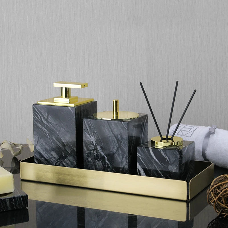 ensemble accessoires salle bain marbre noir rangement brosse dents dentifrice moderne luxe