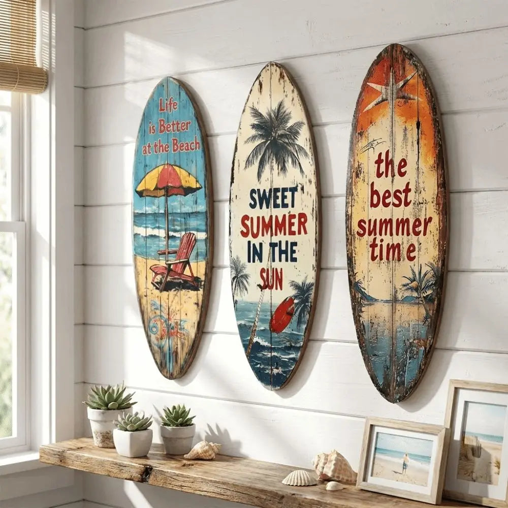 décoration murale planche surf couleur plage motif vieilli bois parasol chaise longue palmier sóng
