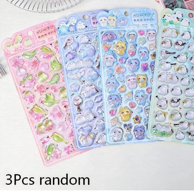stickers pop seal oiseaux floraux nuages kawaii brillants adhésifs décoratifs enfants rose vert bleu