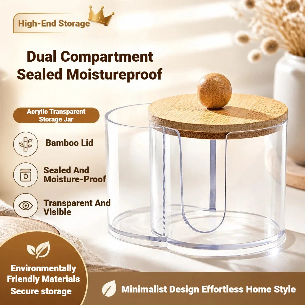 rangement transparent compartiments bois coton tiges disques démaquillants boite plastique moderne minimaliste