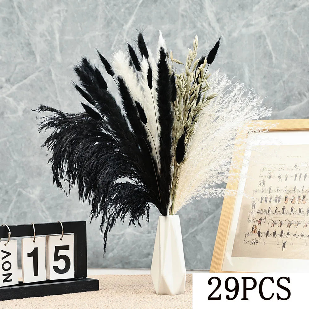 bouquet pampas séchés noir blanc décoration maison halloween anniversaire boho festive