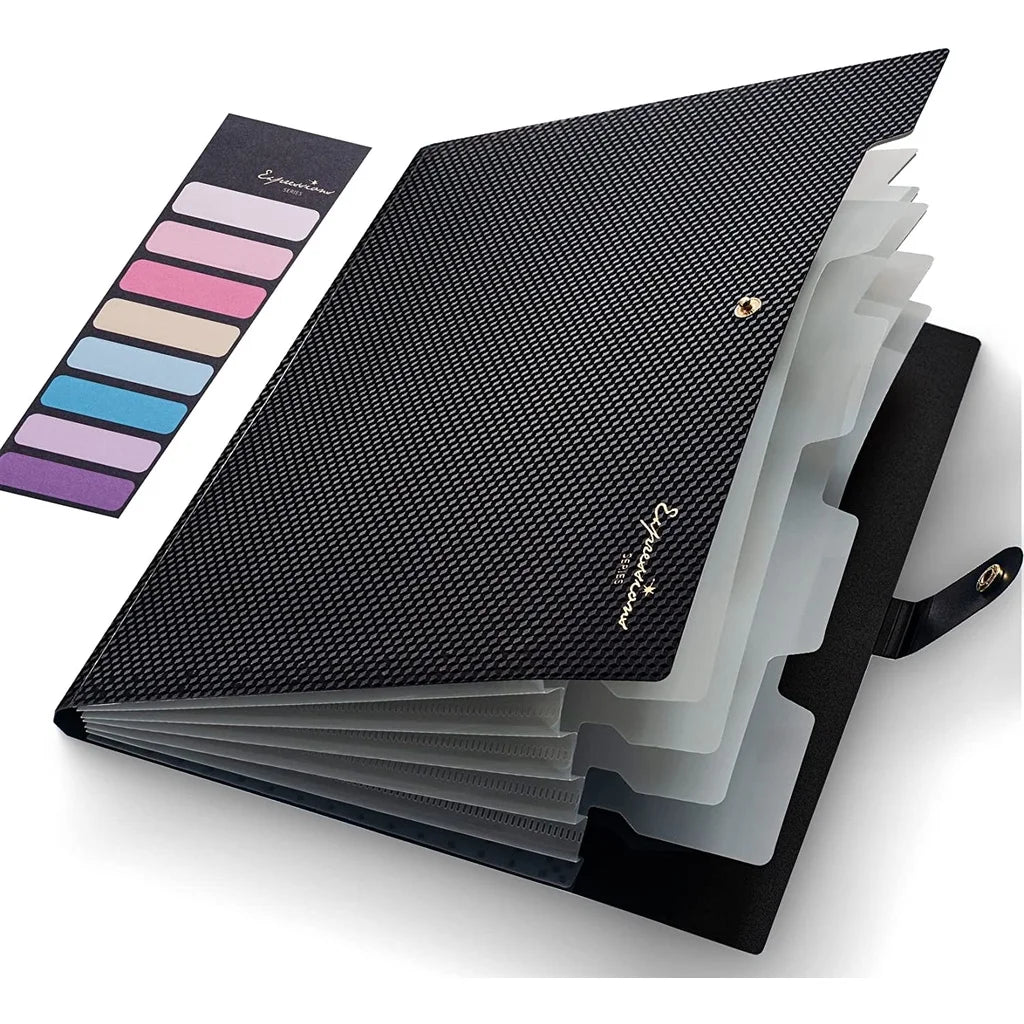 classeur compartiments gris bleu clair pochettes onglets texture micro perforée moderne fonctionnel snap closure
