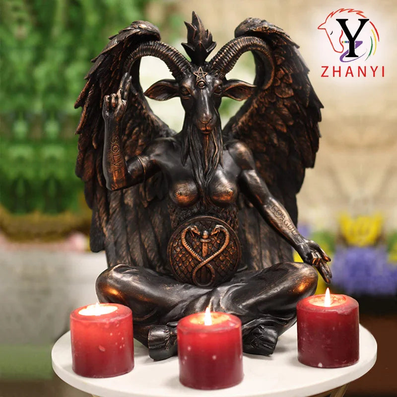 statue baphomet chèvre ailes dragon noir bougies rouges décoration gothique fantaisie occulte