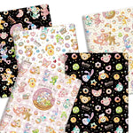 papier cadeau dessins animés ours lapins chats blanc noir rose clair beige