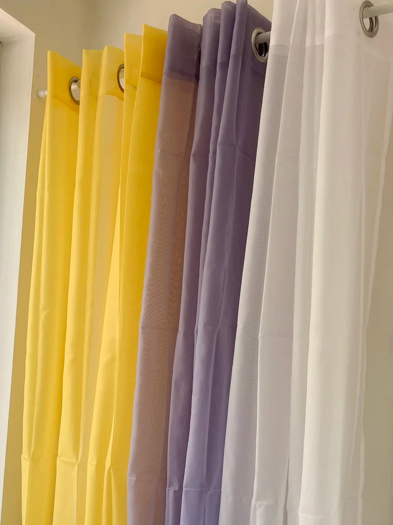 rideau fenêtre extérieur transparent moderne jaune violet gris blanc anneaux métalliques