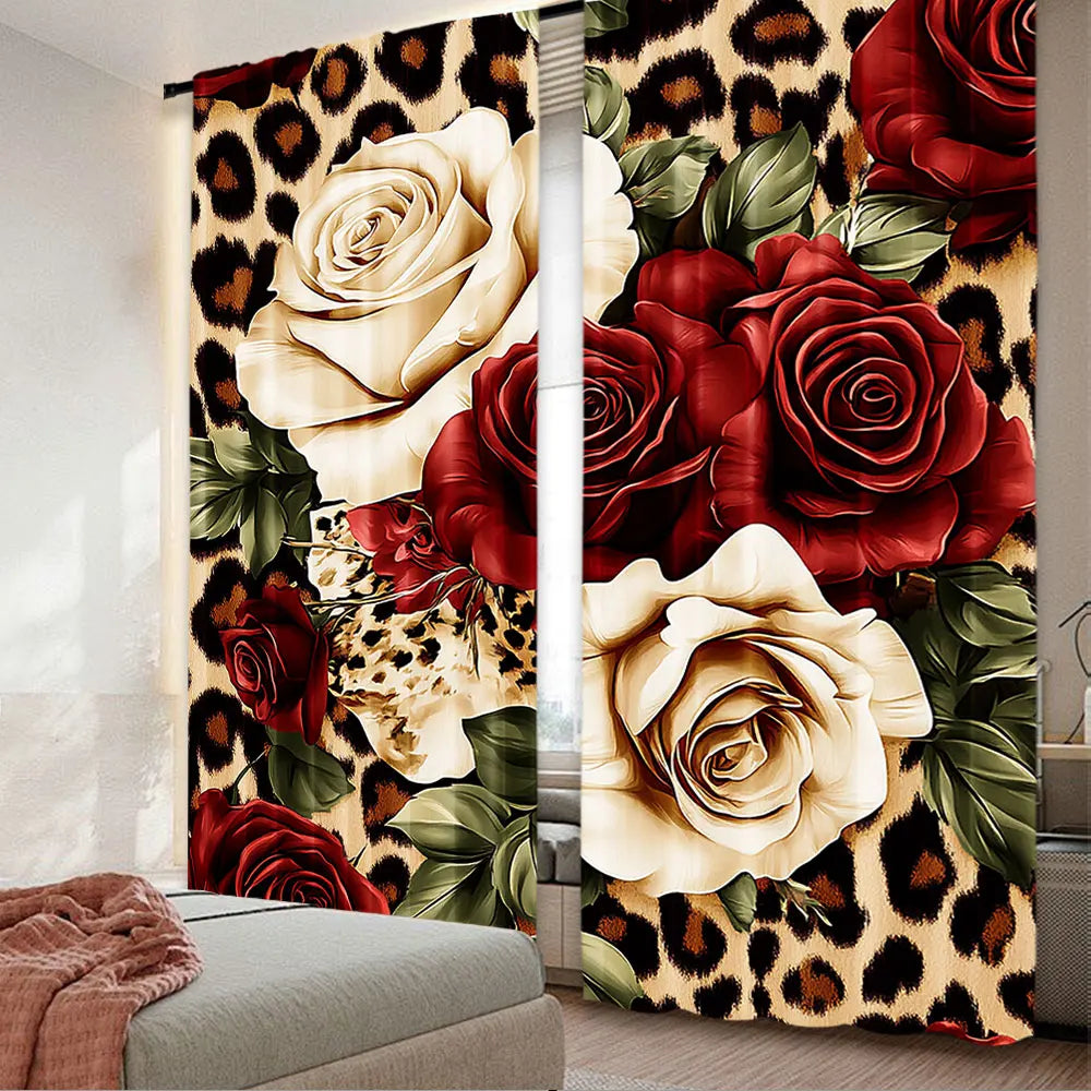 rideau moderne roses rouges léopard opaque 100 polyester 75x166 105x230 130x210 deux panneaux