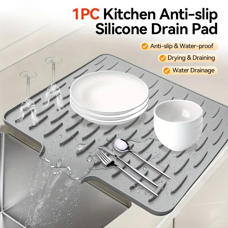 tapis drainage cuisine silicone gris moderne rayures diagonales opaques facile nettoyage drainintégrée gain place
