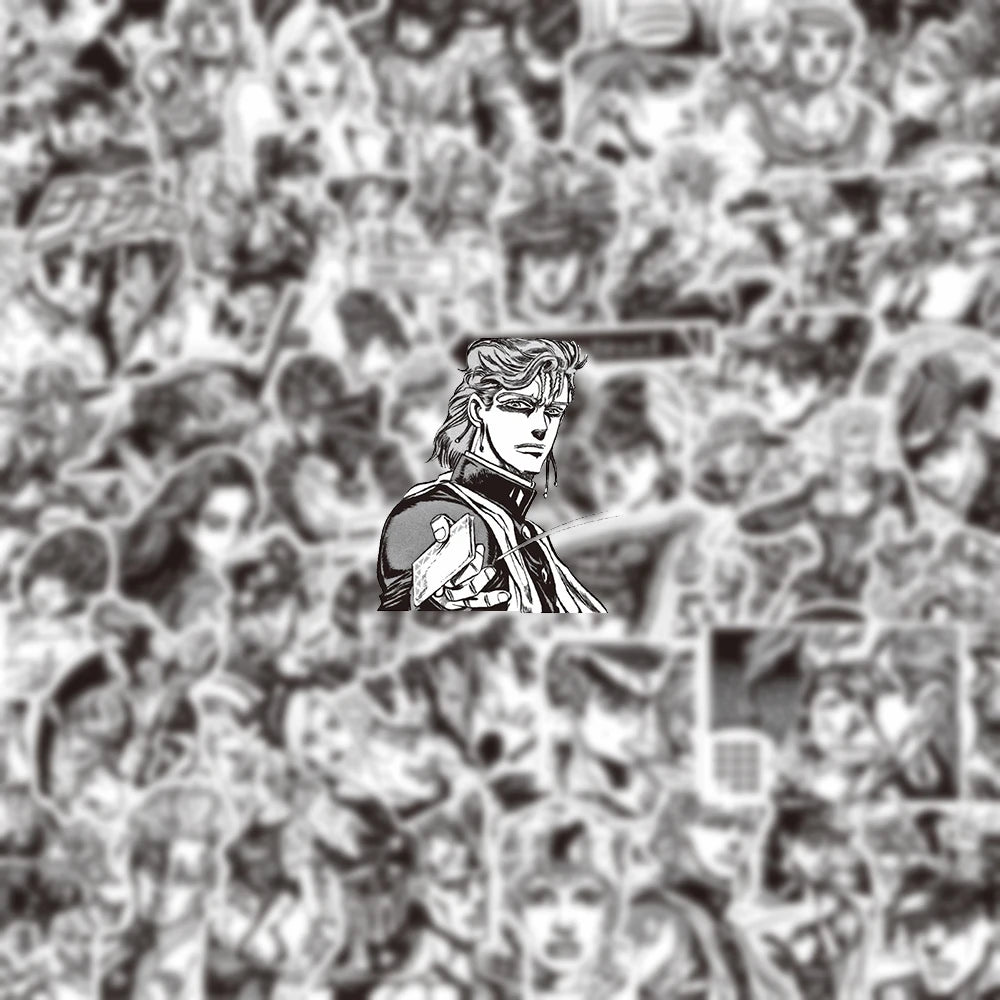 sticker manga personnages noir blanc jojo bizarre adventure josuke kujo jotaro continue logo