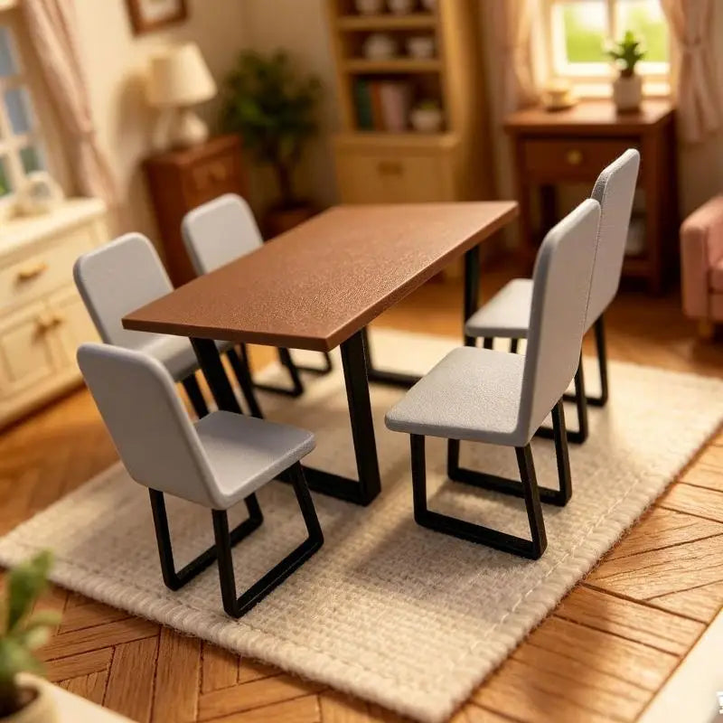 miniature table manger chaises marron gris blanc moderne 12 décoration maison poupée jouet imitation
